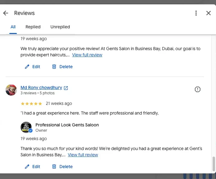 Google Reviews for Pro Look Gents Salon Business Bay Dubai