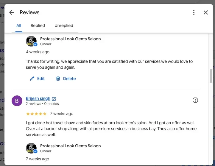 Client review of Pro Look Gents Salon haircut service