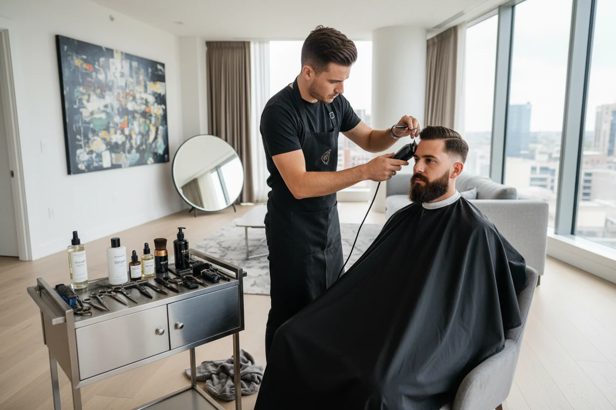 Pro Look barber performing a haircut and beard trim as part of a home grooming service in Dubai