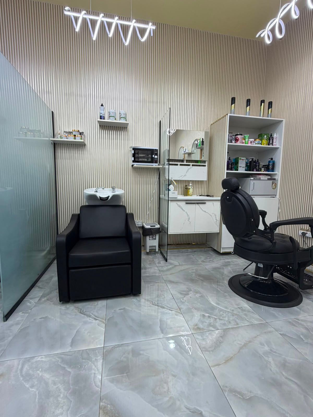 Premium gents salon interior in Dubai